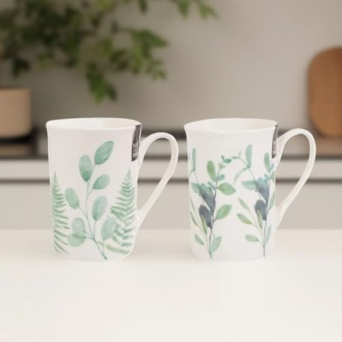 Set of 2 Eucalyptus Mugs - Botanical Coffee Mugs - Slim Drinking Mug Set New Bone China - 9oz Cups for Afternoon Tea Coffee hot Chocolate - Floral Mugs.