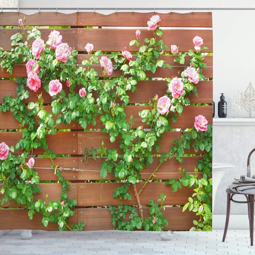 OCEUMACO Garden Shower Curtain Outdoor for Wet Room Outside Fence Extra Wide Fabric 3D Pink Flower Picture Scene Bathroom Shower Curtains 240 x 200 cm Anti Mould Waterproof with Hooks