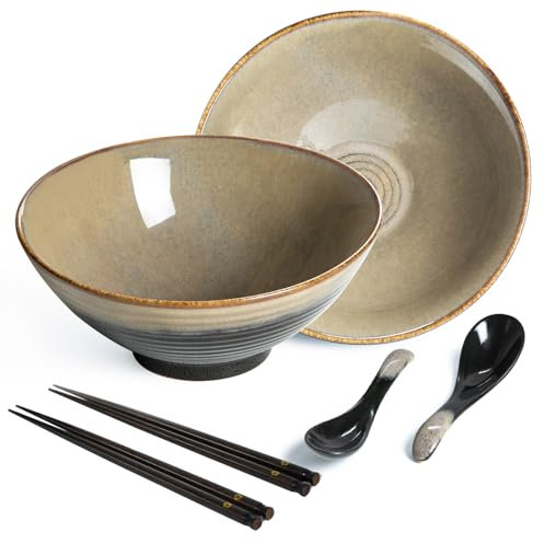 HLWDXno1 2 Pcs Ramen Bowl Set, Ceramic Noodle Bowl with Chopsticks & Spoons Japanese Style Retro Porcelain Tableware Ramen Gift Set, 1200ml Large Soup Bowls for Microwave & Dishwasher Safe,Brown