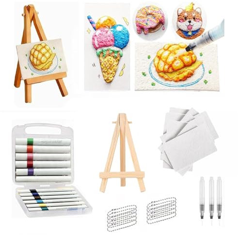 Kit de peinture à texture magique, éponge de dessin 3D avec 12 stylos de couleur, 3 pinceaux d'écriture (petit, moyen et grand), 10 chaînes de perles et mini tableau, papier de peinture texturé en
