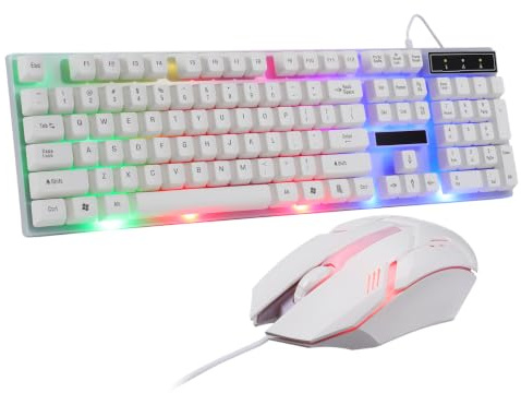 SHINEOFI Wired Keyboard Mouse Set for Gamers and Office Users White Color Usb Computer Keyboard and Usb Mouse Combo with Colorful Backlight Sturdy Design