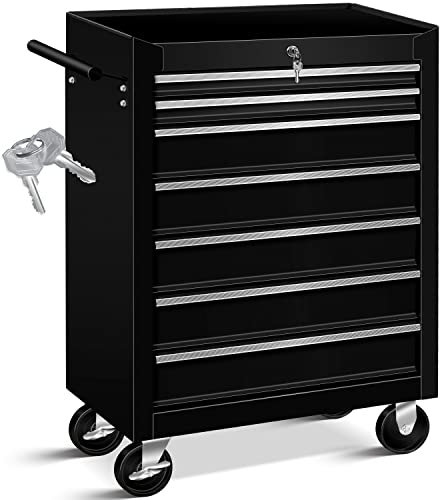 MASKO® Carro de taller – 7 cajones, color negro, con cerradura, metal macizo, carro de herramientas móvil sin herramientas, carro profesional de taller sin equipamiento, carrito con ruedas para
