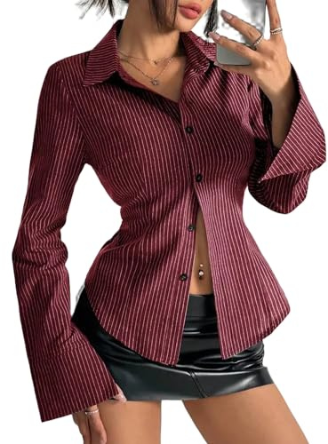 .Women Y2K Striped Button Down Shirts Dress Shirts Long Sleeve Gingham Tee Collared Office OL Work Shirt Blouse Top