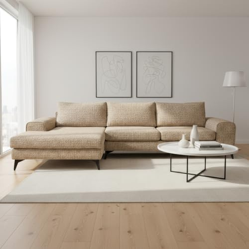 Abakus Direct | Venice Corner Sofa – Modern L-Shaped Sofa with Basket Weave Fabric, Scatter Back Cushions, Left or Right Hand Facing – Available in 9 Colours (Beige, Left Hand Facing)