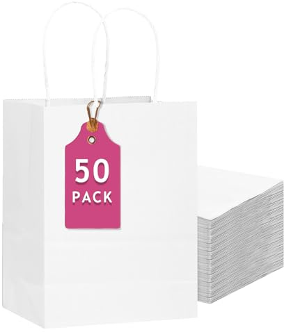 Gcardist 50 Stück Weiß Große-Geschenktüten aus Papier mit Henkeln–13×10.3×4.6-Tüten Partygeschenktüten für vielfältige Verwendungszwecke