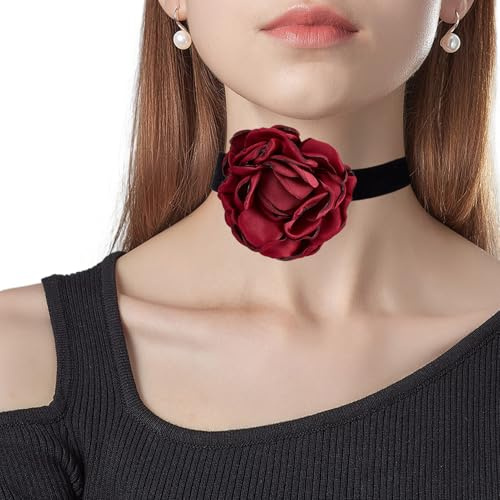 NICENEEDED Flower Necklaces for Women, Red Rose Choker Necklace for Black Velvet Choker Necklace, Spring Summer Neck Chain Flower Jewelry