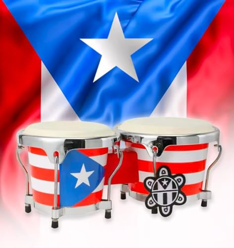 Puerto Rico Bongo Drum Set – Tunable Percussion Instrument with Puerto Rican Flag Design – Compact Hand Drums Shells of the Drums 7 1/2 and 8 5/8 for Music, Boricua Cultural Events, and Home Decor