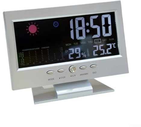 Digitale Wetterstation, Thermometer, Hygrometer, Uhr mit Temperatur- und Luftfeuchtigkeitsanzeige, 12/24-Stunden-Sprachsteuerung, Alarm-Tischständer und Wandhalterung (Silber)