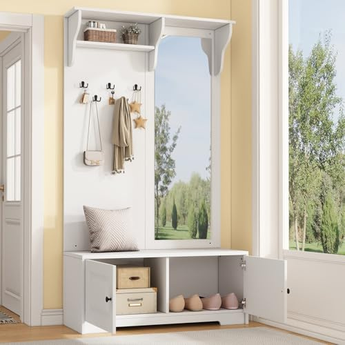 EURHCIO Meuble D'entrée 40x100x180cm,Vestiaire D'entrée,Porte Manteau avec Miroir,Rangement Chaussure,5 Crochets,étagères,2 Armoires,pour Chambre,D'entrée(G-Blanc)