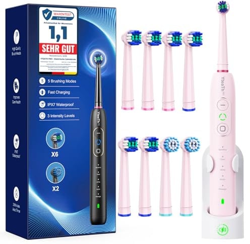 Rotierende Elektrische Zahnbürste für Erwachsene und Kinder mit 8 Aufsteckbürste (2 Typen), 3 Intensitäten, 5 Modi, Electric Toothbrush mit Wandhalterung Ladestation (Perlmuttrosa)