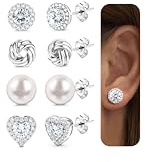 JeryWe Ohrringe Silber 925 Stecker Hypoallergen - Ohrstecker Silber 925 Damen 4 Paar Knoten Zirkonia Herz Perlen Ohrringe Set 14K Vergoldete Ohrstecker Gold Stapelbare Stecker für Mehrere Piercings