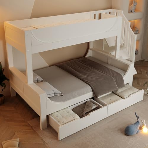Ball & Cast Bunk Bed for Kids, Triple Sleeper Bed Frame with Storage Drawers & Storage Stair, Staircase Bunk for Family with Multiple Children, 90+135x190cm, White, (No Mattress)