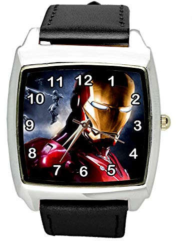 Taport® Iron Man Quarz-Armbanduhr, quadratisch, SCI FI, echtes Lederband, inklusive Ersatzakku und Geschenkbeutel, Schwarz