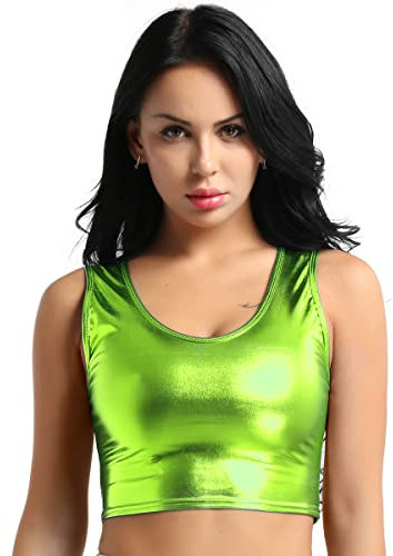 Freebily Canotta Donna Eleganti da Sera Crop Cuoio Top Ragazza Estate Canottiera Donna Palestra Wetlook Top Discoteca Corto Girocollo Verde Fluorescente Taglia Unica
