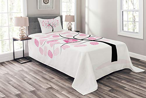 ABAKUHAUS Eulen Tagesdecke Set, Baum mit Fingerabdruck, Set mit Kissenbezügen Mit Digitaldruck, für Einzelbetten 170 x 220 cm, Rosa, Weiß, Dunkelgrau