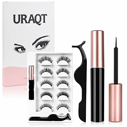 URAQT Pestañas Postizas Magneticas, 5 Pare, con Delineador Ojos y Pinzas | Reutilizables, Impermeables, Pestañas Postizas Naturales 3D Aspecto Natural y Larga Duración