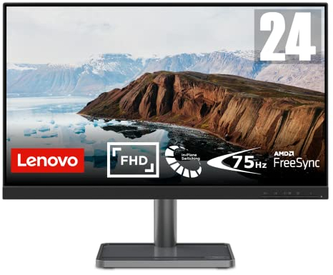 Lenovo L24i-30 Monitor Gaming - Display 23.8 FullHD (1920x1080, IPS, 4 ms, 75Hz, Input HDMI+VGA, Cavo HDMI, FreeSync, Base in Metallo e Supporto per smartphone) Inclinazione regolabile - Nero/Grigio