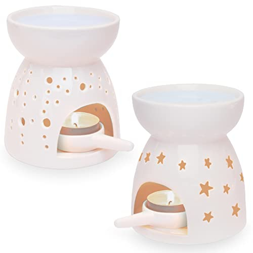 Ligano Duftlampe aus Keramik – Aromalampe mit Teelicht-Halter – Punkte und Sterne Muster (2er Set)