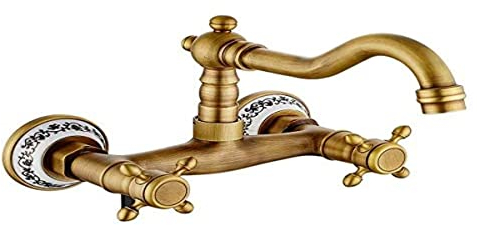Grifo Cocina Pared Grifo Lavabo Vintage Monomando con Cerámica en Latón con Agua Fría y Caliente Mezclador de Fregadero Antiguo (Antiguo)