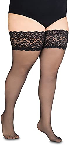 Annes styling Bas 20 Deniers Femme Bas avec Dentelle Hold Up Cuisse Collants Silicone Top, Noir , XXL/3XL