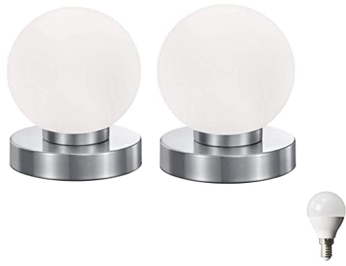 Lichthandel Hoch 2er SET Kugel Touch Tischleuchte LED Nickel Opal Glas E14 (2er Set Tischleuchte Incl. Led)