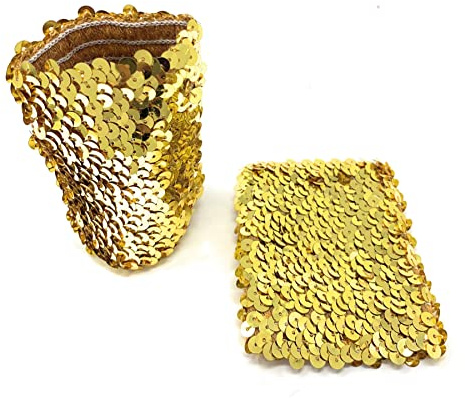 Gold Pair Of Womens Sequin Polyester Fancy Dress Wristbands 16 x 10cm