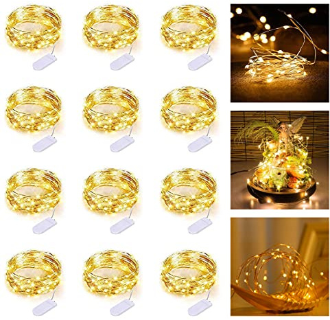 12 Pezzi Stringa Luci LED a Batteria 2M, 20 LEDs Lampada a Fili di Rame Impermeabile, Mini Catena Luminosa Luci Stringa per Interni ed Esterni, Decorazione da Natalizi Matrimoni Camera da Letto