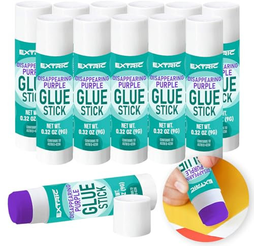 EXTRIC Purple Glue Sticks 12 Count, 0.32 Ounce, Disappearing Purple, Dries Clear, Non-Toxic, School Supplies, Craft, Paper, PVA, Stick
