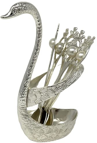 London Mart Swan Tea Spoon Holder for Coffee Serving Stand, Unique Bar Ice Cream Sugar Teaspoons Set, Fruits Dinnerware Flatware Swan Base with 6pcs Elegances Table Spoons Kit (Silver)