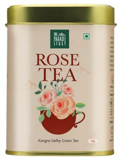 The Pahadi Story Rose-Tea 50gm, Natural Sun Dried Rose Petal with Whole Green Tea Loose Leaves for Beautiful Skin and Hair, Herbal Rose Green Tea