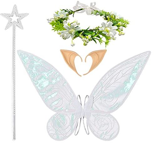 MIVAIUN Feenflügel Erwachsene Schmetterlings Elf Schmetterlingsflügel für Kinder Fee verkleiden Sich Feenflügel Feenstab Blumenkrone Ohren für Halloween Geburtstag Mottoparty Karneval(Weiß)