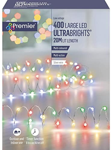 Premier Ultrabrights String Lights 400 Large LED Silver Wire 20M - Multi Coloured Lights