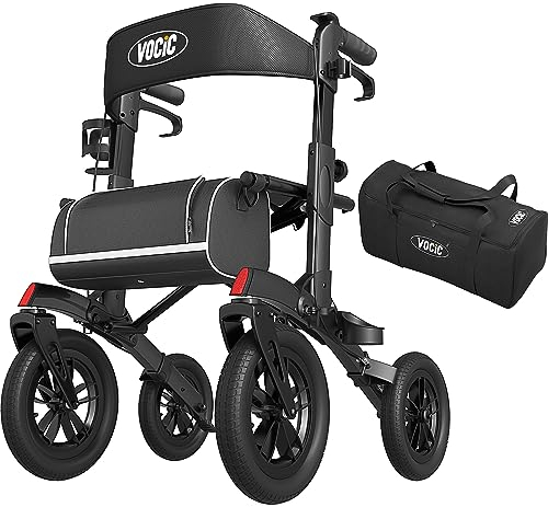 VOCIC Rollator Faltbar und Leicht mit Sitz,Outdoor Rollator mit Gummi-Nonluftbereifung für Allen Gelände,Aluminium Höhenverstellbare Rollatoren für Draußen&Langlauf&Reisen, Schwarz(5 Jahre Garantie)