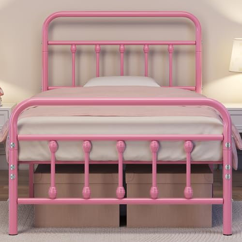 costoffs Metal Bed Frame 3ft Single Vintage Iron Platform Bed with High Headboard and Footboard, Pink