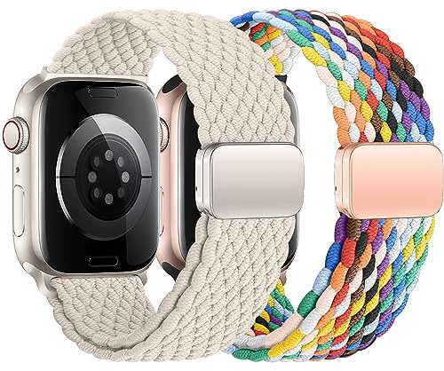 2ST Geflochtens Solo Loop für Apple Watch Armband 45mm 44mm 42mm 46mm Ultra/2 49mm 40mm 41mm 38mm Herren/Damen,Magnet Dehnbarer Nylon Band für die iWatch Armbänder series 10 9 8 7 6 5 4 3 2 se 2nd