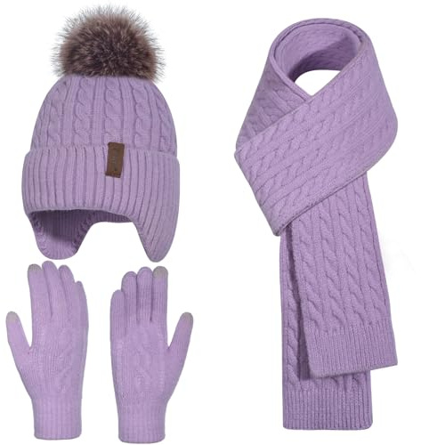 Winter Hat Gloves Scarf Set for Kids Earflap Beanie with Cute Pom Knit Girls Children Baby Toddler Purple Warm Wool Fleece Lining 6 7 8 9 10 Years Old