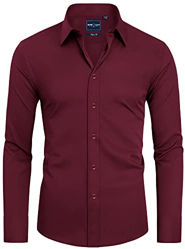 DEMEANOR Mens Dress Shirts Long Sleeve Dress Shirts for Men Slim fit Shirt Mens Casual Shirts Non-Iron Men Formal Shirts Wine Red
