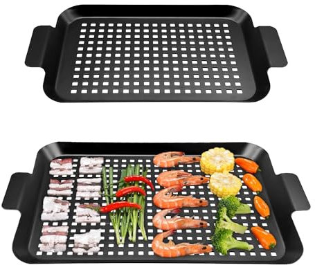 paxlloonge Grillschale, 2 Größen für Grill und Backofen, Grillmatte mit Antihaftbeschichtung für Holzkohlegrills & Gasgrill, Perforierte Grillpfanne Einfache Reinigung