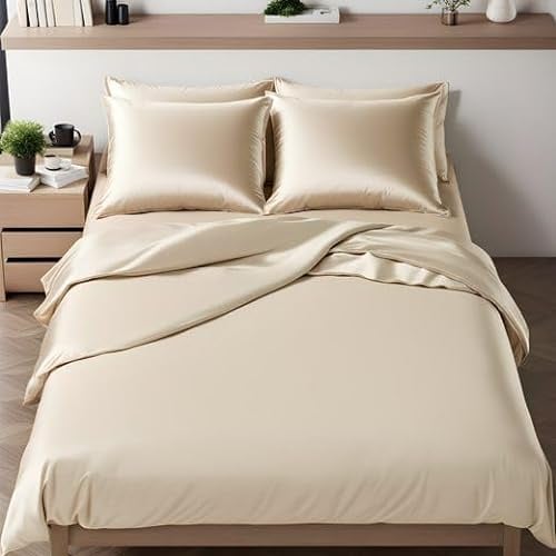 Cozyor Wende-Bettwäsche 155x220 cm glänzend matt, Satin & Mikrofaser, extra dick und weich mit robustem Reißverschluss, 1x Deckenbezug + 2X Kissenbezug 80x80 cm, 3-teilig, beige Driftwood