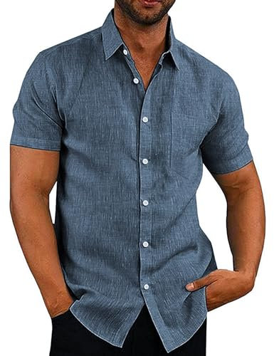 COOFANDY Mens Shirts Short Sleeve Summer Shirt Casual Linen Shirts Regular Fit Holiday Shirt with Pocket Gray& Blue XXL