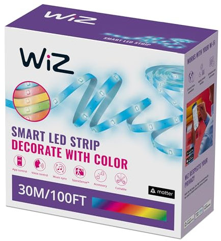 WiZ Smart RGB LED Strip Light, 30 m Cut to Fit, 16 Million Colors, Dynamic Scenes, Wi-Fi, Voice/App Control, Works with Google Home, Alexa and HomeKit, LED Lights for Bedroom, Kitchen, Living Room