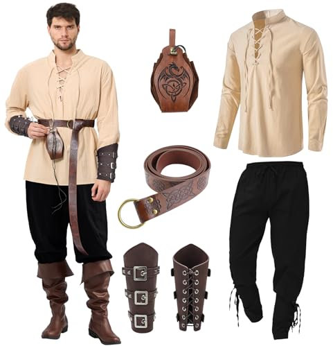 Ulikey Mittelalter Kleidung Herren, Karneval Herren Renaissance Kostüm Set mit Mittelalterliches Piratenhemd, Mittelalter Hose Viking Kostüm, Gürtel, Handgelenkschützer für Faschingskostüme(Beige, XL)