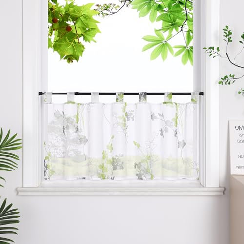 HeichkelL Scheibengardine mit Blätter Transparent Gardine Kurzstores mit Schlaufen Leinenoptik Bistrogardine Grün HxB 45x120cm