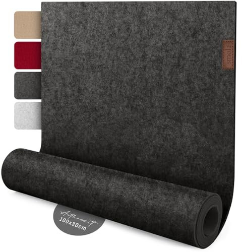 smøla Design Tischläufer Grau aus Filz I 100x30 cm Tischband I Skandinavischer Filzläufer Abwaschbar mit Leder Label I Tischdeko Tischläufer modern Anthrazit