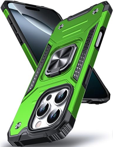 DASFOND Armor Hülle für iPhone 16 Pro Case, Stoßfeste Militär Handyhülle [Upgrade 2.0] 360 Grad Metall Ring Halter Ständer Schutzhülle, Grün