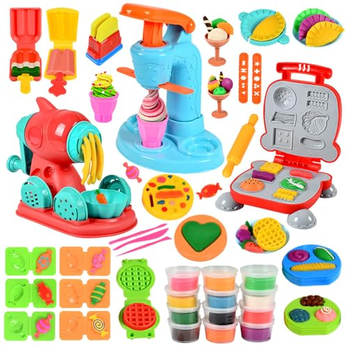 JurciCat Knete Zubehör Set für Kinder 51 Stück DIY Knete Knetwerkzeug Burgermaschine Nudelmaschine Eismaschine Clay Accessories Kneading Spielzeug Geschenk für 3+ Jahre Mädchen & Junge