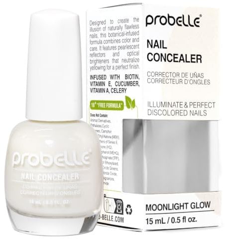 Probelle Illuminating Nail Concealer, Sheer Long Lasting Brightening Nail Polish for yellowing discolored nails, perfect finish for damaged nails with imperfections, Vegan, Gluten Free, Moonlight Glow