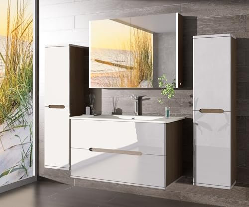 Badezimmermöbel Set Badmöbel Hochglanz Eiche/Weiß inkl. LED Spiegelschrank Waschbecken 90cm (90, 3, Ohne Hochschrank)
