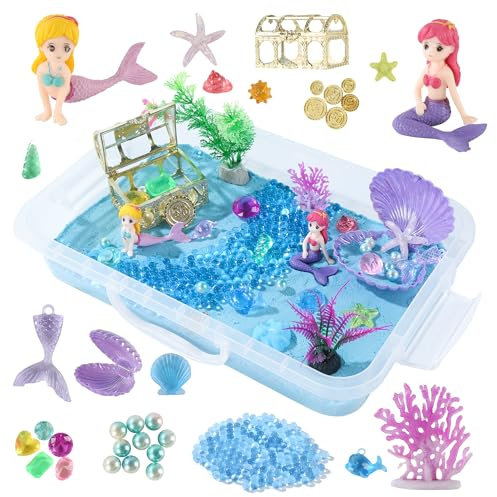 sikmcle Caja sensorial con temática oceánica, set de arena sensorial azul moldeable, arenero con tapa, juguetes de plástico coloridos en forma de conchas, caracoles y estrellas de mar para niños