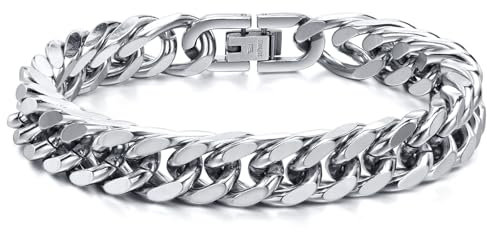 Panzerkette Silber Armband für Herren - 10mm Edelstahl Armkette Cuban Gliederarmband - Geschenke für Papa, Sohn, Bruder, Ehemann zum Weihnachtstag oder Geburtstag